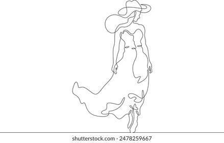 Woman on the beach in a big hat. Girl in a summer cape on the seashore.One continuous line. Line art. Minimum one line. White background. One line drawing.