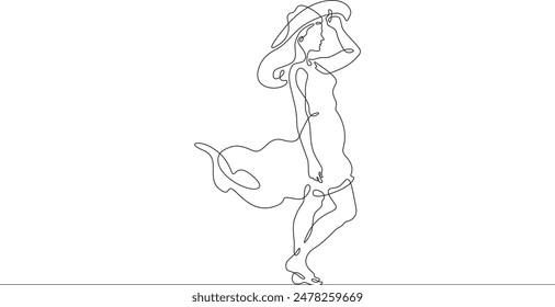 Woman on the beach in a big hat. Girl in a summer cape on the seashore.One continuous line. Line art. Minimum one line. White background. One line drawing.