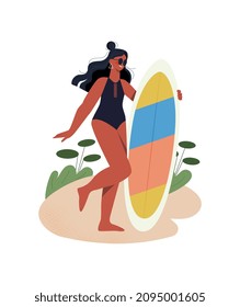 Woman on beach. Character in black swimsuit with narrow board. Surfing, extreme sports and active lifestyle. Summer, tropics and vacation. Travel and adventure. Cartoon flat vector illustration