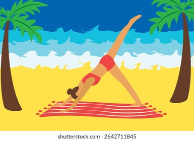 Woman on the beach doing yoga. Vector illustration of summer vacation, outdoor activities, seascape.