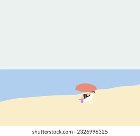 Woman on the beach during vacation holiday relax in the sun on their deck chairs under a pink umbrella. Minimal color.