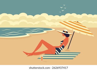 woman on the beach flat vector illustration in mid century modern style.