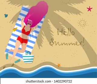 Woman on Beach. Girl in Red Swimwear Relaxing Lying on Towel at Seaside under Palm Tree. Hello Summer Typography, Leisure, Tanning, Sparetime Relaxation Cartoon Flat Vector Illustration, Square Banner