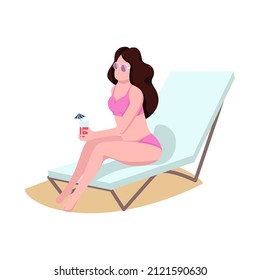 Woman on beach longue semi flat color vector character. Sitting figure. Full body person on white. Beach relaxation simple cartoon style illustration for web graphic design and animation