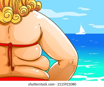 Woman on the beach.  Overweight problems. Body positive. Travel illustration.  Healthcare Illustration. Vector illustration. 