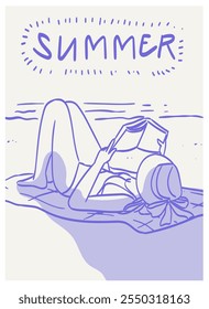 Woman on beach read book and enjoy her vacation. Italian or Spanish summer holidays poster, placard or banner in trendy line doodle ink style. Hand drawn woman in swimsuit sunbathing and relaxing.