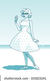 Woman on the beach, retro style illustration