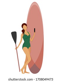 A woman on a beach rides a surf. Vector illustration in flat style. Standup paddleboarding vector print. Sup surf woman on the ocean. For t-shirt print, banner.