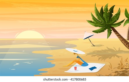 Woman on beach Tropical sunset  landscape with palm trees and umbrella.Vector illustration