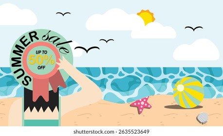 A woman on the beach wearing a hat with a seaside background. Summer sale. Poster, flyer, card, or header.