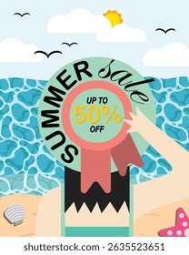 A woman on the beach wearing a hat with a seaside background. Summer sale. Poster, flyer, card, or header.