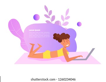 Woman on the beach working on laptop Vector. Cartoon. Isolated art on white background. Flat