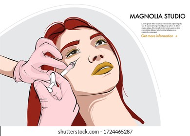 Woman on beauty injection, hyaluronic acid, lips filler, vitamin treatment. Cosmetology procedure for  lips and face aesthetics. doctor making permanent procedure. Cartoon person illustration vector.