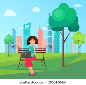 Woman on bench with laptop in green city park. Girl with modern device in park among trees with skyscrapers on horizon cartoon vector illustration.