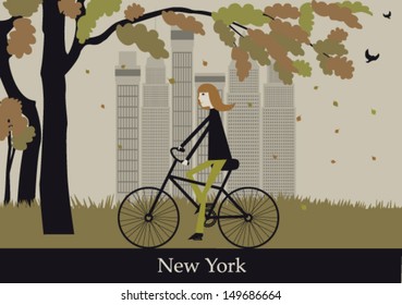 Woman on the bicycle. Autumn central park in New York. Vector