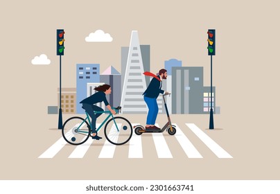 Mujer en bicicleta y hombre de negocios en motocicleta eléctrica viajando al trabajo en la ciudad. Cruzando la carretera de Crosswalk con el código de cebra. Ilustración vectorial plana.