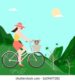 Woman on a bicycle with a corgi dog - mountains, spring green background - vector. Activity concept. Hello spring