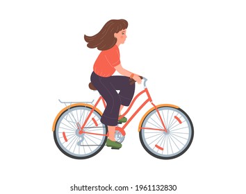 Woman on bicycle. Cycling girl isolated on white background.