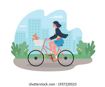 Woman on bicycle with dog in basket 2D vector web banner, poster. Female pet owner flat characters on cartoon background. Outdoor exercise and fitness printable patch, colorful web element 