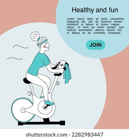 Woman on bicycle doing spinning sport activities or fitness class, doodle vector flayer for gym