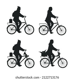 A woman on a bicycle. A girl on a bike in summer and winter. Black silhouette on a white background. Set.