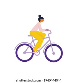 Woman on a bicycle. Happy cyclist girl rides her bike. Vector flat illustration