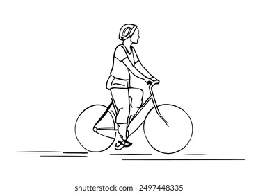 Woman on Bicycle Minimalist One Line Drawing. Woman on Bike Contour Illustration. Cycling Concept  Modern Minimalist Drawing. Female Sport One Line Illustration. Vector EPS 10