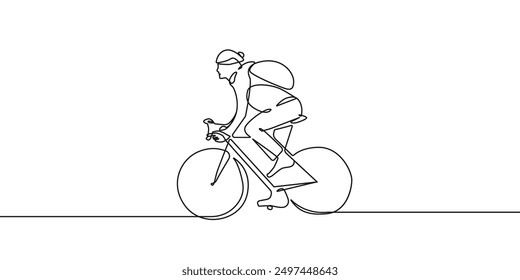 Woman on Bicycle Minimalist One Line Drawing. Woman on Bike Contour Illustration. Cycling Concept  Modern Minimalist Drawing. Female Sport One Line Illustration. Vector EPS 10