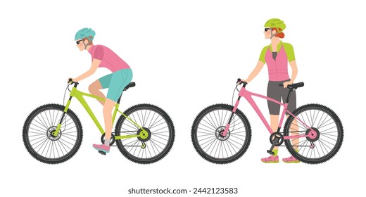 Una mujer en bicicleta, una mujer al lado de una bicicleta. Deportes, entrenamiento, estilo de vida saludable. Ilustración plana de dibujos animados del vector