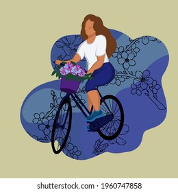 Woman on a bicycle. Picture, poster, banner, postcard, background, wallpaper, drawing.