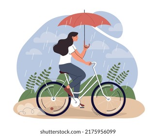 Woman on bicycle under rain. Girl with umbrella in hands in storm, active lifestyle, sport and travel. Character on walk in park in autumn season, person outdoor. Cartoon flat vector illustration