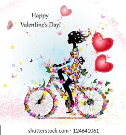 Woman on bicycle with valentines