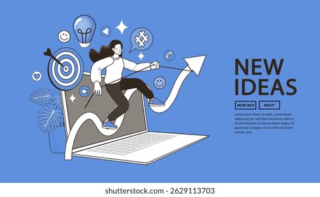 woman on big laptop outline. monitor have digital icon. city blue background. business technology concept. bulb, target, security, cloud, search, global, conference, vector 