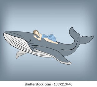 woman on a big whale. vector illustration.