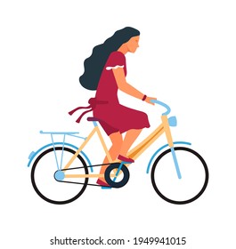 Woman On Bike. Cartoon Female Character Riding On Bicycle. Profile View Of Young Cute Cyclist. Girl Traveling Around City On Cycle And Biking In Park. Vector Summer Outdoor Activity