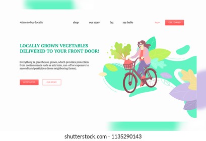 Woman on a bike delivering big beetroot. Harvest, local greens and farmers market goods delivery concept. Landing page or web banner vector template.