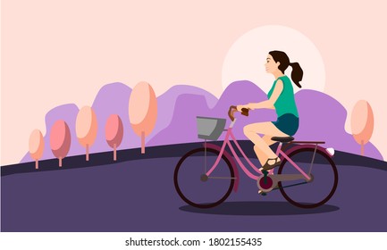 Woman on bike design flat for web baner or wallpaper.There are mountains, clouds and purple sky in the background.There are mountains, clouds and purple sky in the background.Vector illustration