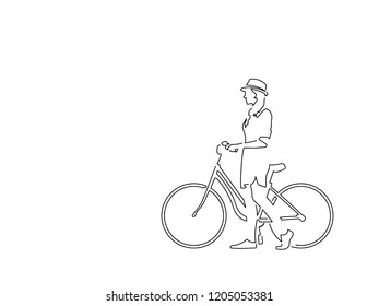 Woman On Bike Isolated Line Drawing, Vector Illustration Design. Urban Lifestyle Collection.