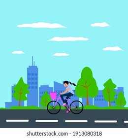 woman on a bike ride casually on holiday in the middle of a flat illustration