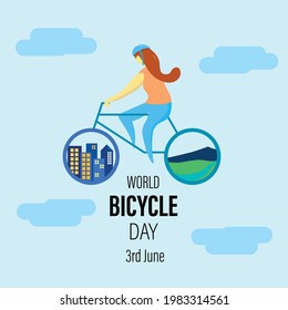 Woman on bike on World Bicycle Day 3rd June on blue background vector images illustration concept