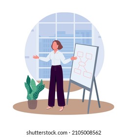 Woman on business presentation semi flat color vector character. Coaching figure. Full body person on white. Lecture isolated modern cartoon style illustration for graphic design and animation
