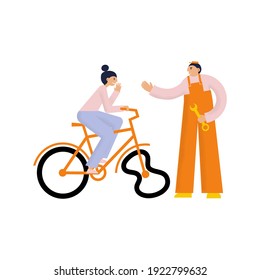 Woman On A Bycicle. Bike Has A Bended Tire. Rider Is In Panick.Need A Service Help. Repairer Greats Welcome Her. Vector Flat Cartoon Illustration.