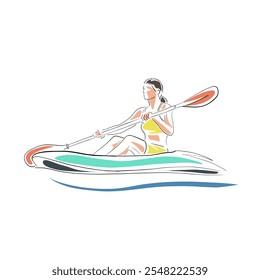 Mujer en canoa, ilustración de dibujo de Vector de arte de línea aislada. Deporte acuático en kayak