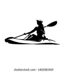 Woman on canoe, isolated vector ink drawing. Abstract vector silhouette. Kayaking water sport