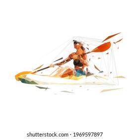 Woman on canoe, isolated vector low polygonal illustration. Abstract geometric drawing. Kayaking water sport from triangles