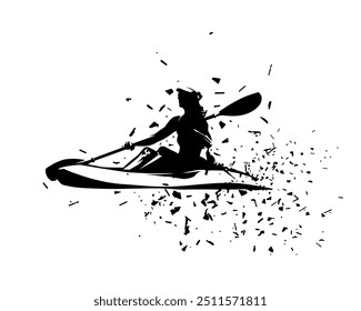 Mujer en canoa, dibujo de tinta de Vector aislado. Abstractas silueta de Vector. Deporte acuático en kayak