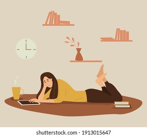 Woman on the carpet with tablet at home. Flat design illustration. Vector