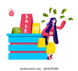 Woman on cashier paying for clothes during seasonal winter promotions and sales. Discounts and shopping concept with cartoon female and bags with purchases. Vector illustration