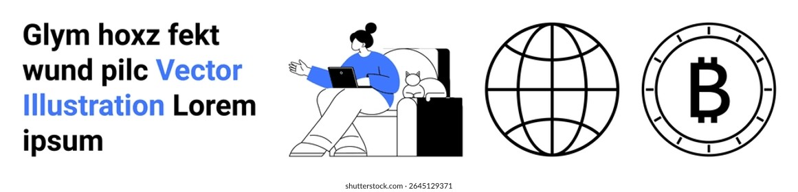 Woman on a chair using a laptop, globe symbol, bitcoin symbol, text. Ideal for digital trends, remote work, cryptocurrency, global connectivity, technology, online transactions, minimalistic design