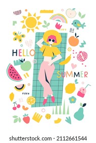 A woman on a chaise longue surrounded by fruits of the sun and the rainbow. The concept of a summer holiday, a picnic on the beach
